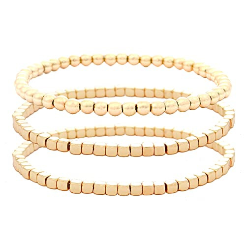Gold Beaded Bracelet for Women Stackable Beads Bracelet Set Gold Bead Stretch Strand Bracelets (Gold 2cube1round) | Amazon (US)