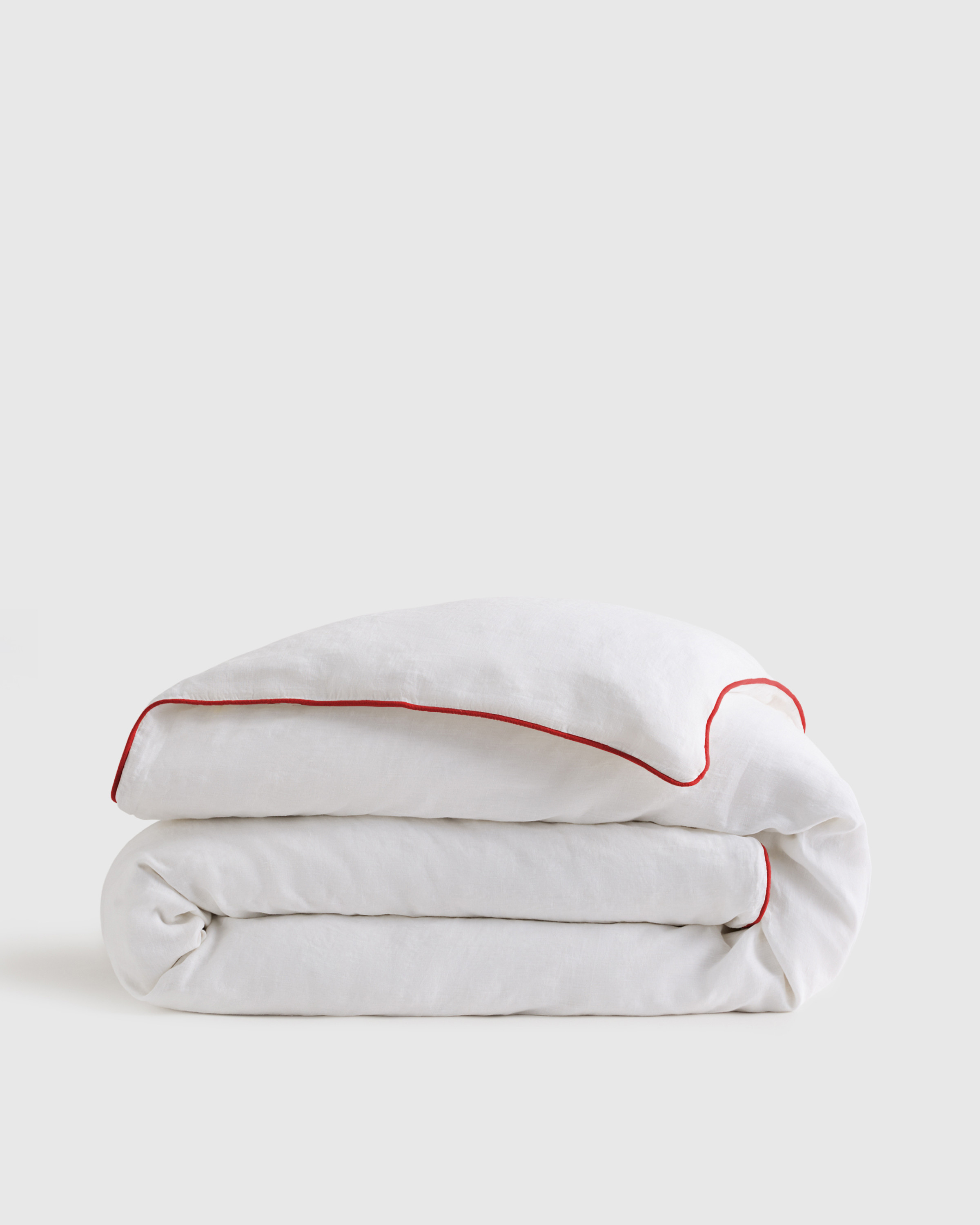 Quince | European Linen Piped Duvet Cover in White/Cherry, Size King/Cal King | Quince