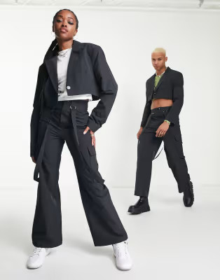 COLLUSION Unisex crop single breasted blazer and pants set in black tonal print | ASOS (Global)