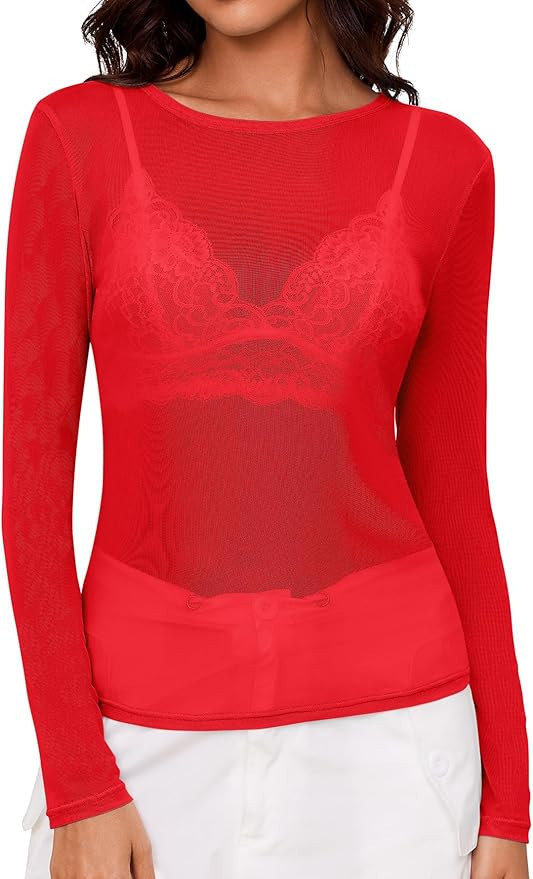 AKEWEI Womens Mesh Long Sleeve Tops Crew Neck Sexy See Through Tee Shirts Party Club Night Lace B... | Amazon (US)