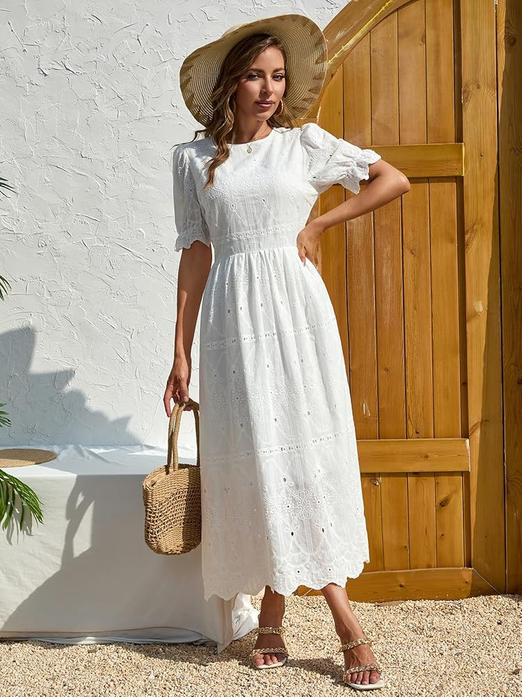 Midi Dress for Women Elegant Dresses Floral Eyelet Puff Sleeve Dress with Cinched Waist Casual Su... | Amazon (US)
