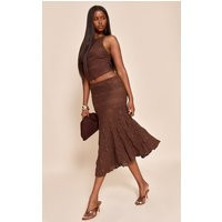 Dark Brown Textured Lace Midi Skirt | PrettyLittleThing US