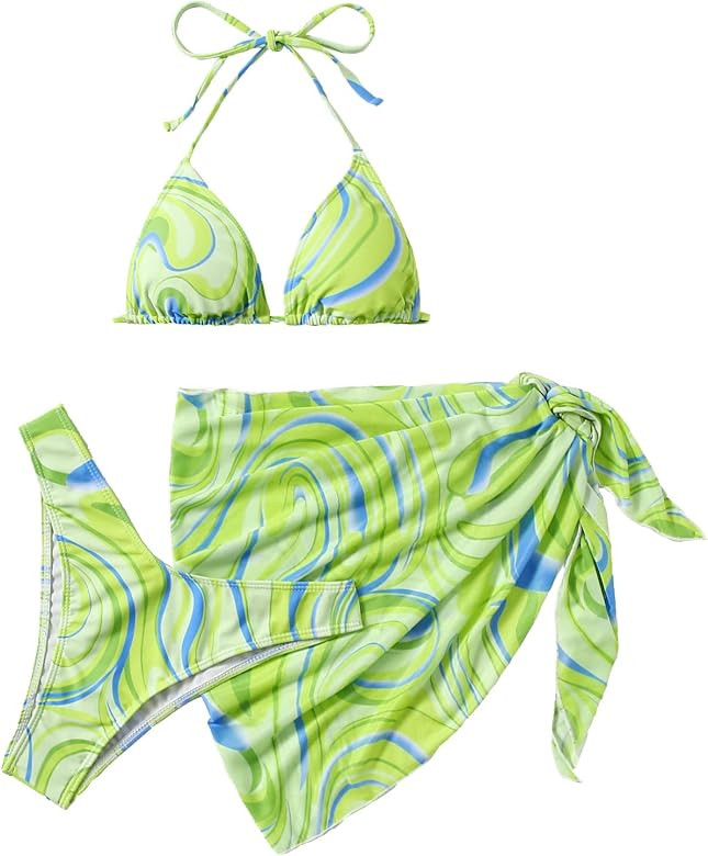 SOLY HUX Women's Wrap Triangle Bikini Bathing Suits with Mesh Beach Skirt 3 Piece Swimsuits | Amazon (US)