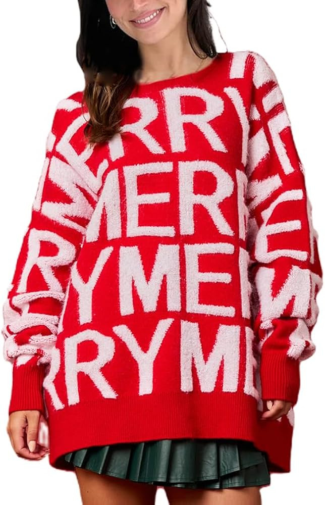 Women Ugly Christmas Oversized Sweater Merry Xmas Chunky Crewneck Sweatshirt Holiday Knit Checker... | Amazon (US)