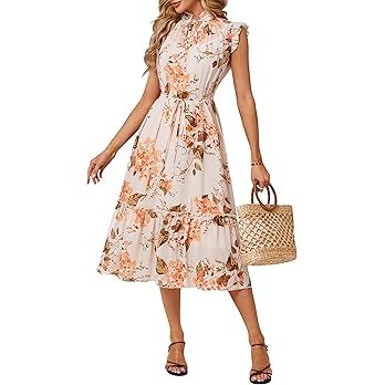JASAMBAC Women’s 2024 Floral Print Midi Dresses Sleeveless Ruffle Hem Casual Dress A Line Flowy... | Amazon (US)