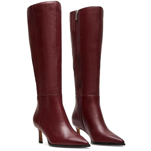 Celbreez Burgundy Boots for Women Wide Calf Knee High Boots Kitten Heel Pointed Toe Boot for Women Side Zipper Leather Stiletto Tall Boot 2025 Stylish Wedding Burgundy Shoes | Amazon (US)