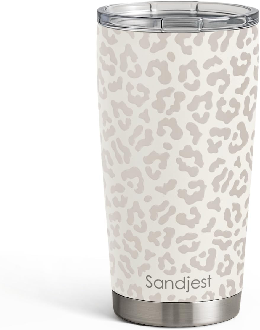 SANDJEST Leopard Print Tumbler 20oz Stainless Steel Insulated, Beige Leopard Travel Coffee Cup, Bow Gifts for Women Girls Teen, Birthday Christmas | Amazon (US)