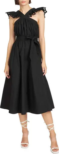 Crista Ruffle Eyelet Belted Cotton Midi Dress | Nordstrom