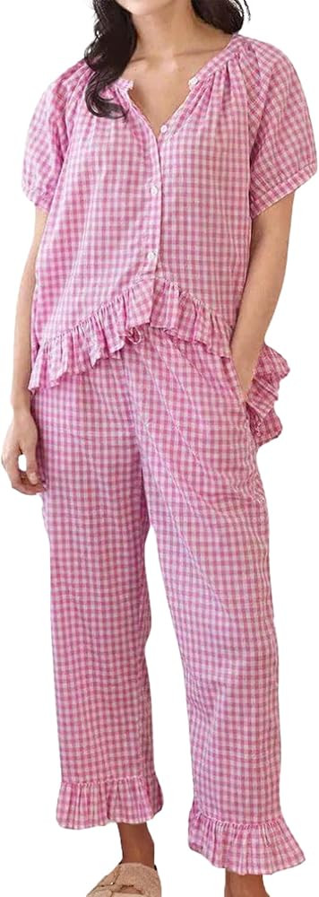 Womens Gingham Pajama Set 2 Piece Short Sleeve Babydoll Shirt and Pants Lounge Set Cute Sleepwear | Amazon (US)