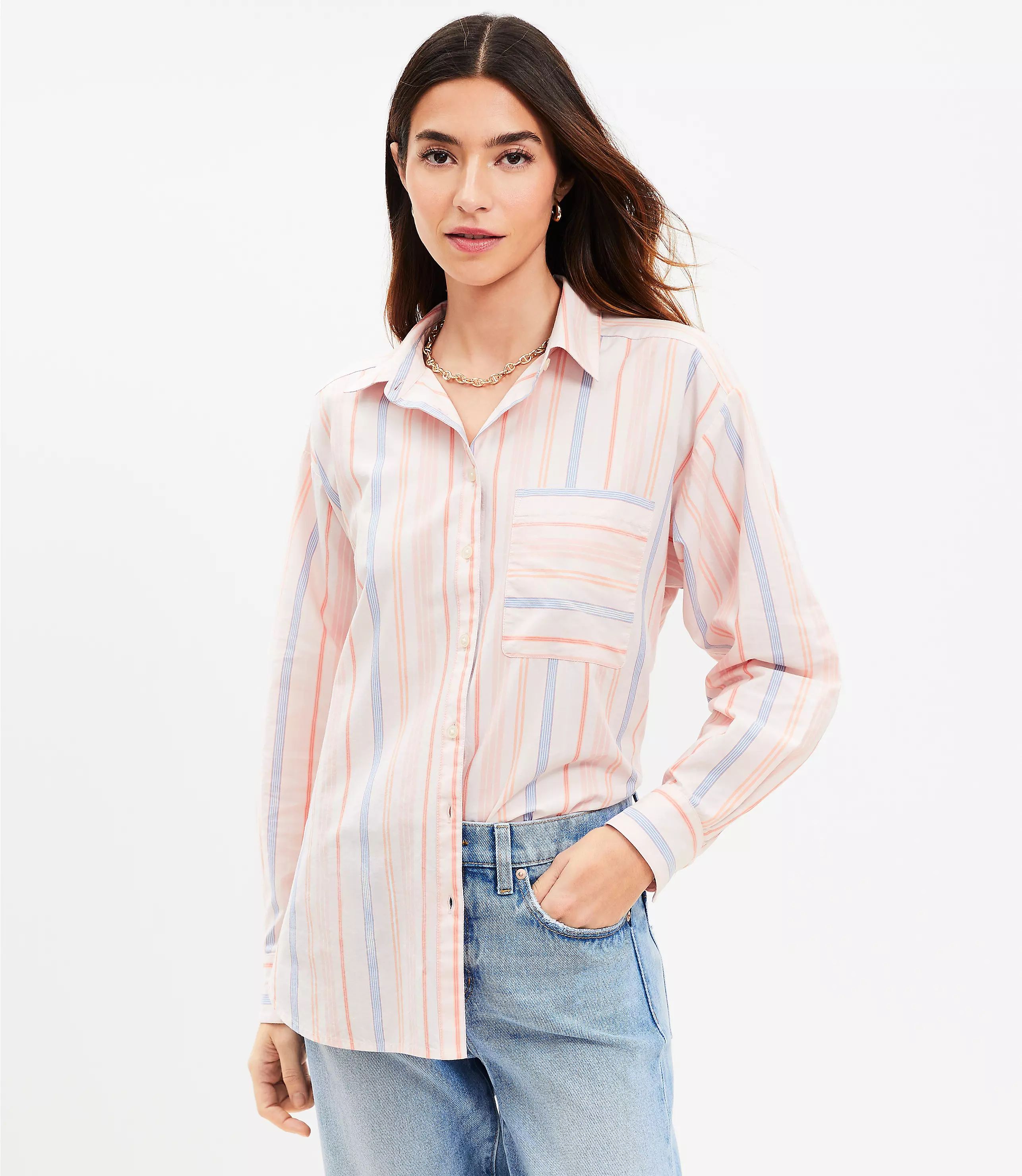 Striped Cotton Blend Oversized Shirt | LOFT