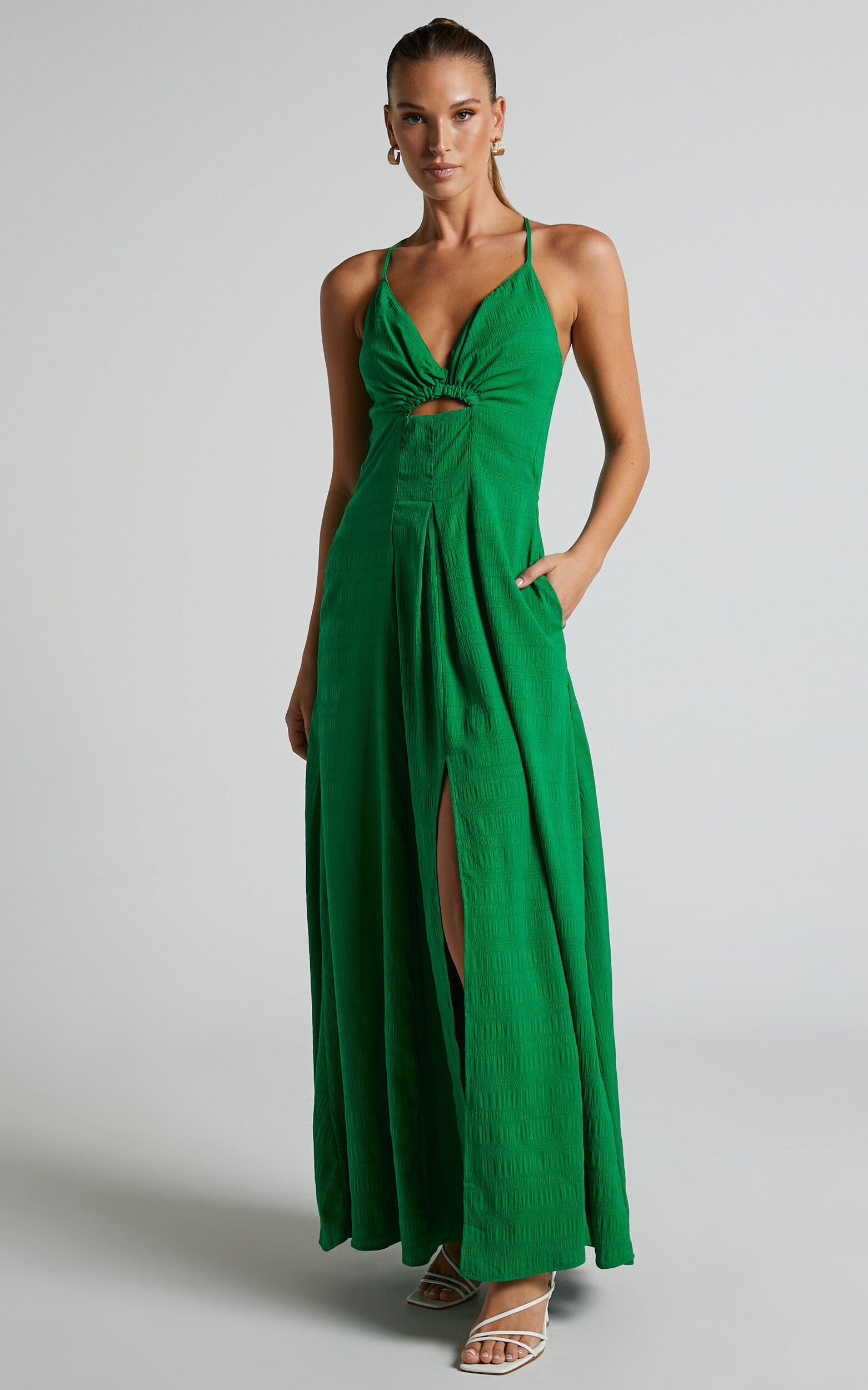 Marisse Maxi Dress - Cut Out Front Split Cross Back Textured Dress in Green | Showpo (US, UK & Europe)