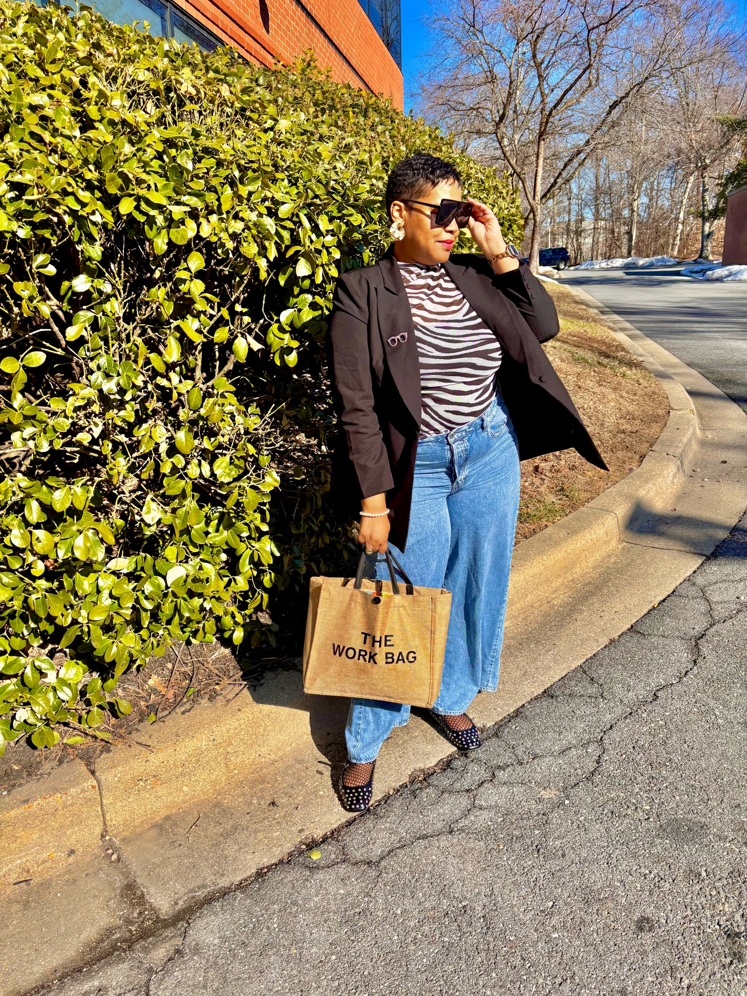 zebra print top, animal print top, black blazer, blue super wide leg jeans, work bag, work tote bag, black rhinestone flats, black sunglasses, work outfit, plus size outfit 

#LTKPlusSize #LTKOver40 #LTKShoeCrush