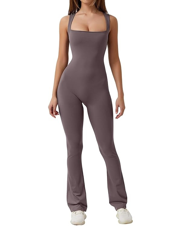 QINSEN Flare Jumpsuits for Women Strappy Square Neck Bodycon Full Length Long Pants Casual Playsu... | Amazon (US)