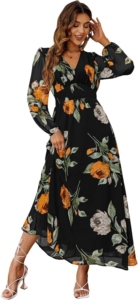 Simplee Women's Boho Floral Maxi Dress Flowy Casual V Neck Short Sleeve Wedding Guest Holiday Bea... | Amazon (US)