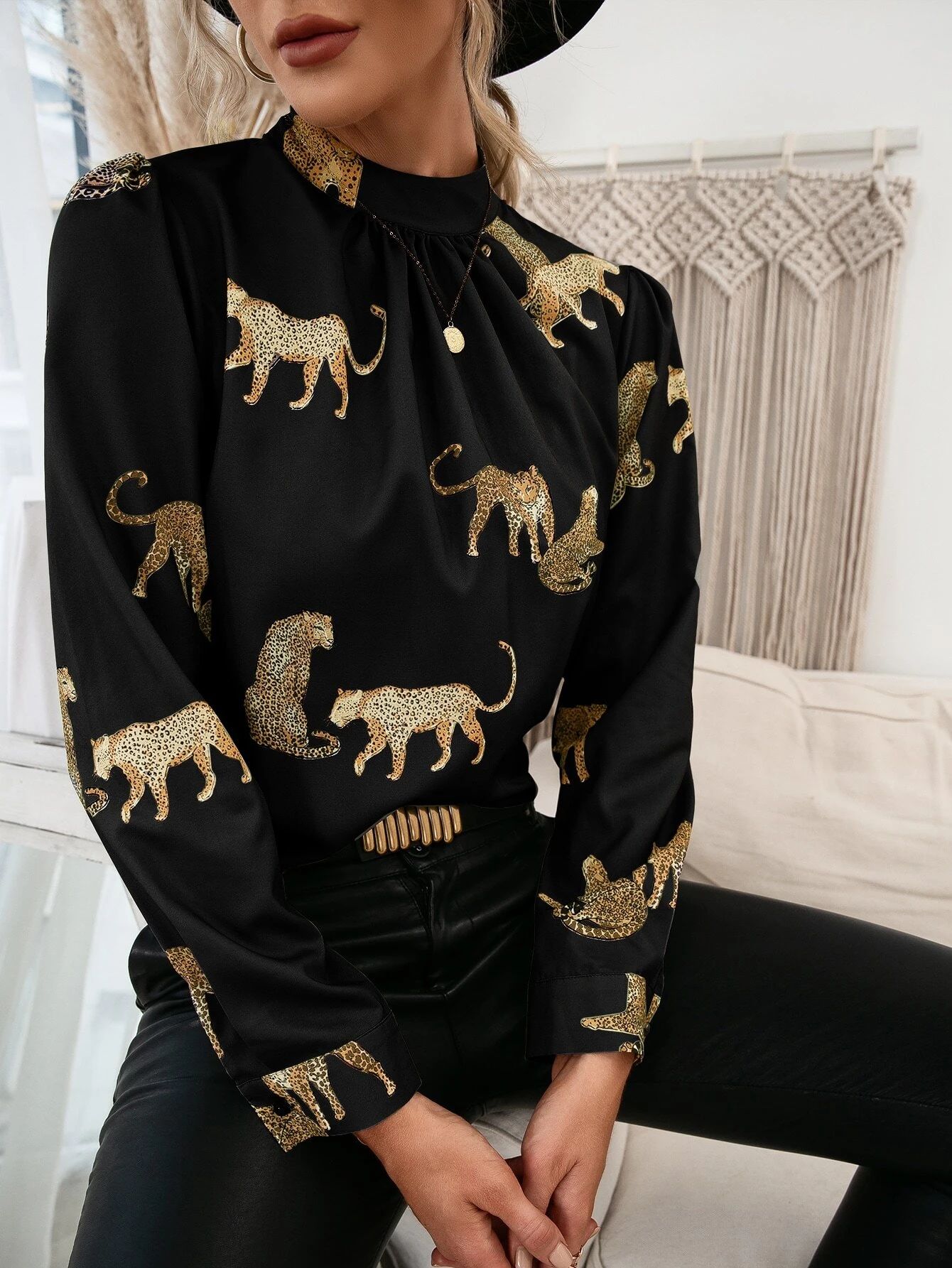 Mock Neck Leopard Print Blouse | SHEIN