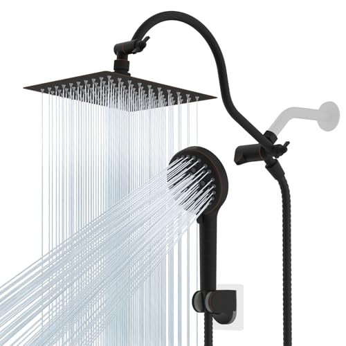 Hibbent All Metal Shower Head, 8'' High Pressure Rainfall Shower Head/Handheld Showerhead Combo with 12'' Adjustable Curved Shower Extension Arm, 10-Spray, 71'' Hose, Shower Holder, Oil Rubbed Bronze | Amazon (CA)