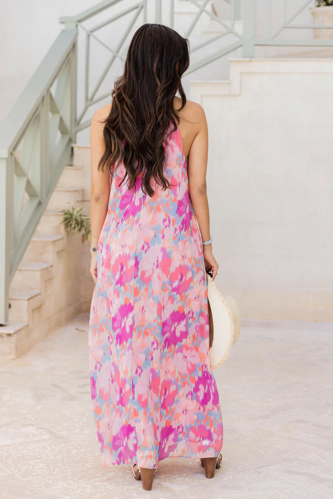 On Island Time Watercolor Floral Halter Maxi Dress | Pink Lily