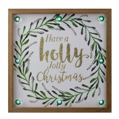 Northlight 11.75" Lighted "Holly Jolly" with a Green Wreath Wood Christmas Plaque | Target