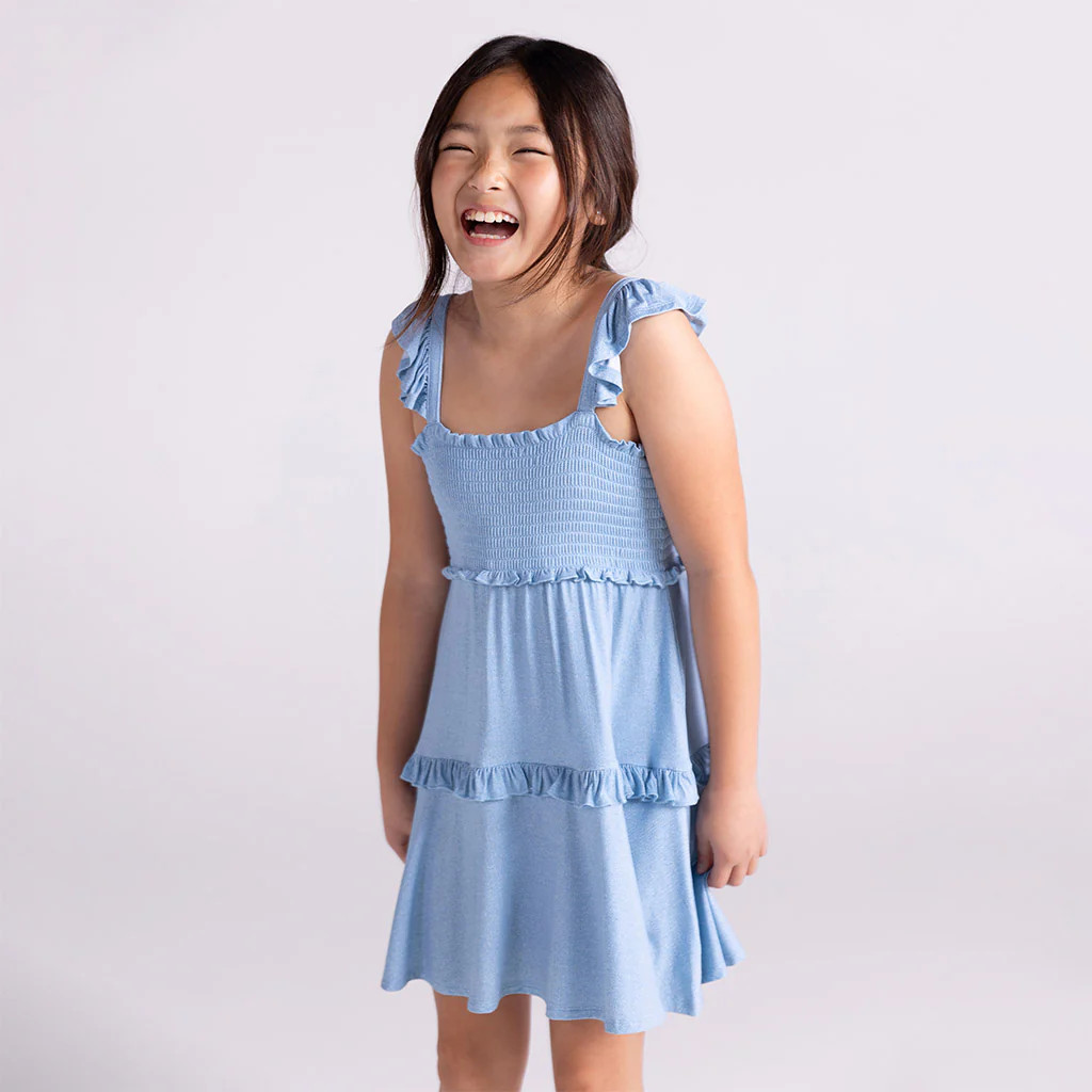 Denim Blue Flutter Sleeve Girl Twirl Dress | Light Blue Denim | Posh Peanut