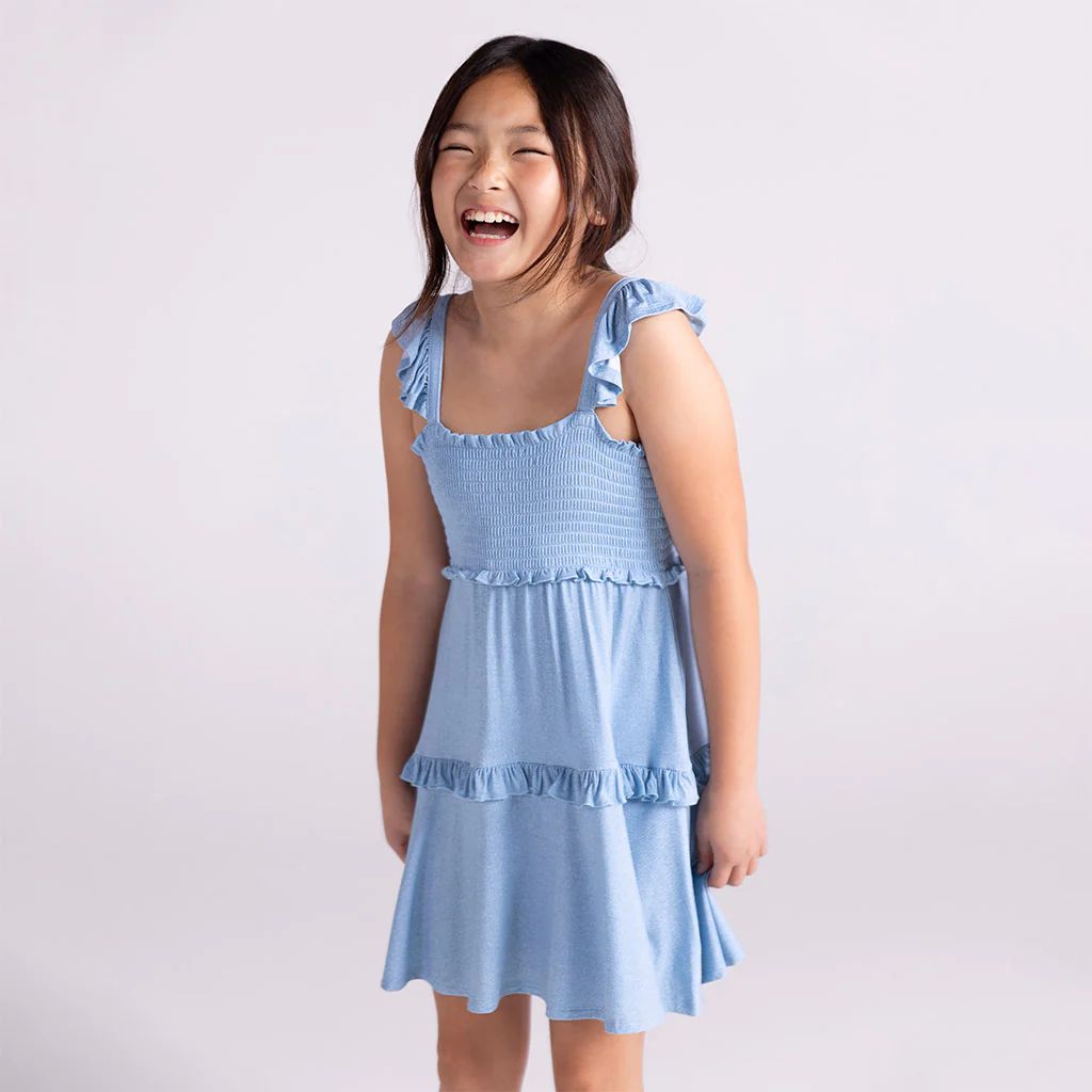 Denim Blue Flutter Sleeve Girl Twirl Dress | Light Blue Denim | Posh Peanut