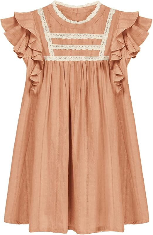 Girl Summer Ruffle Sleeve Dress Crewneck A-line Lace Casual Cotton Dresses 3-12Y | Amazon (US)