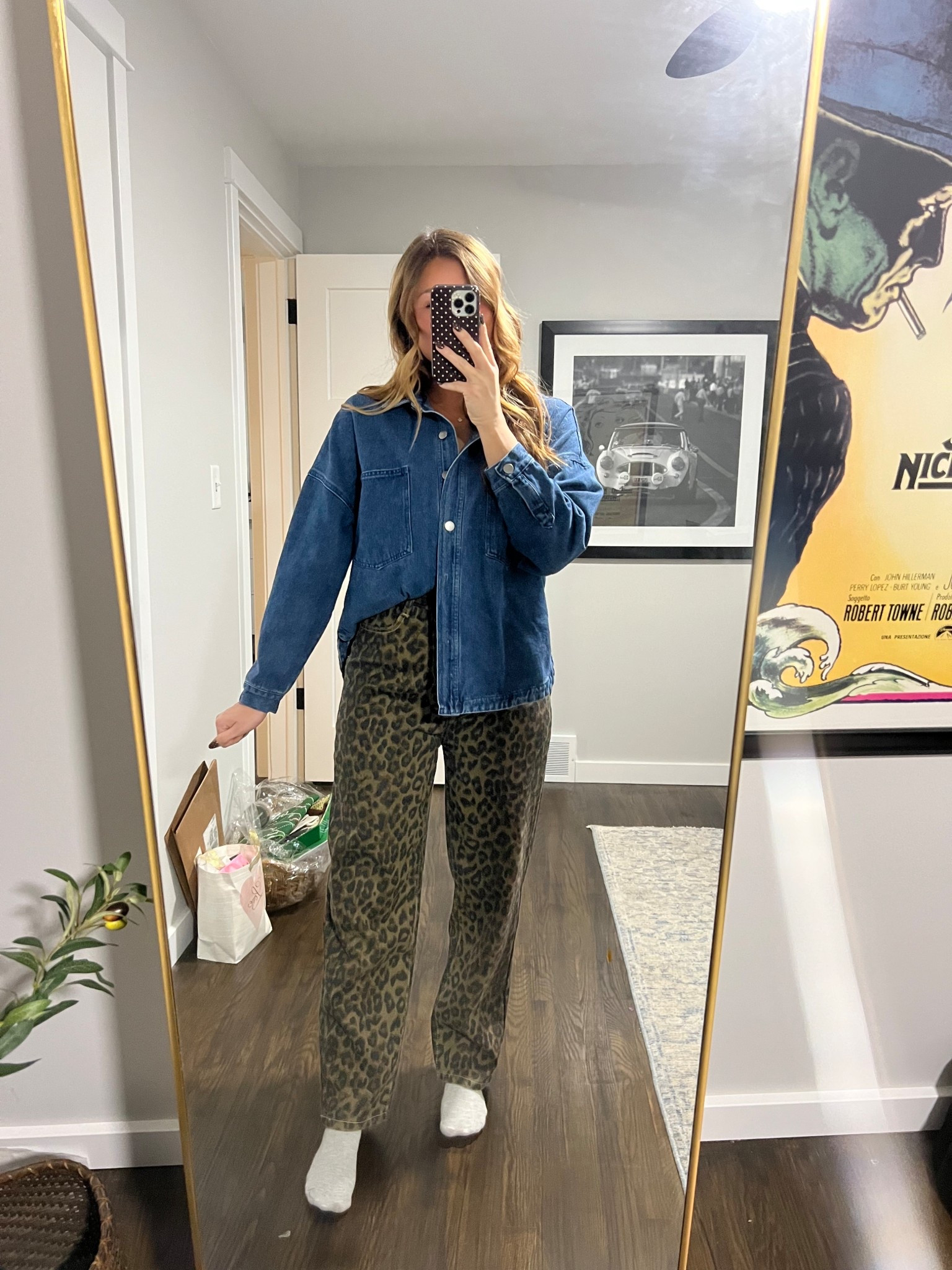 thanksgiving outfit idea!! oversized denim shirt, leopard print pants. top and pants fit true size! 

#LTKootd #LTKHoliday #LTKFindsUnder100