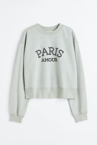 Rhinestone-embellished Sweatshirt - Sage green/Paris Amour - Ladies | H&M US | H&M (US + CA)