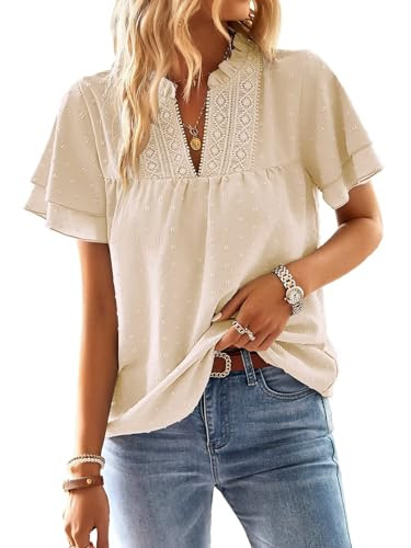 Falechay Womens Tops Butterfly Sleeve V Neck Blouses for Women Dressy Casual Flowy Swiss Dot Ruff... | Amazon (US)