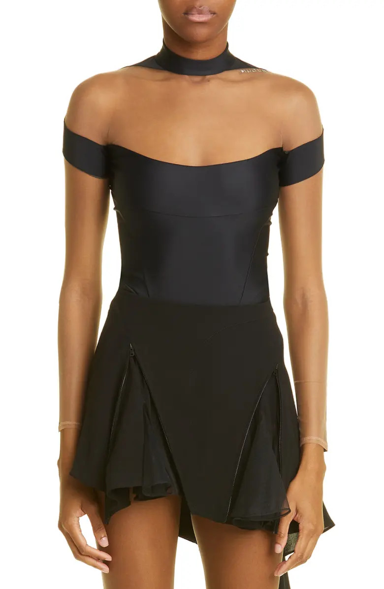 MUGLER Mock Neck Long Sleeve Jersey & Illusion Mesh Bodysuit | Nordstrom | Nordstrom