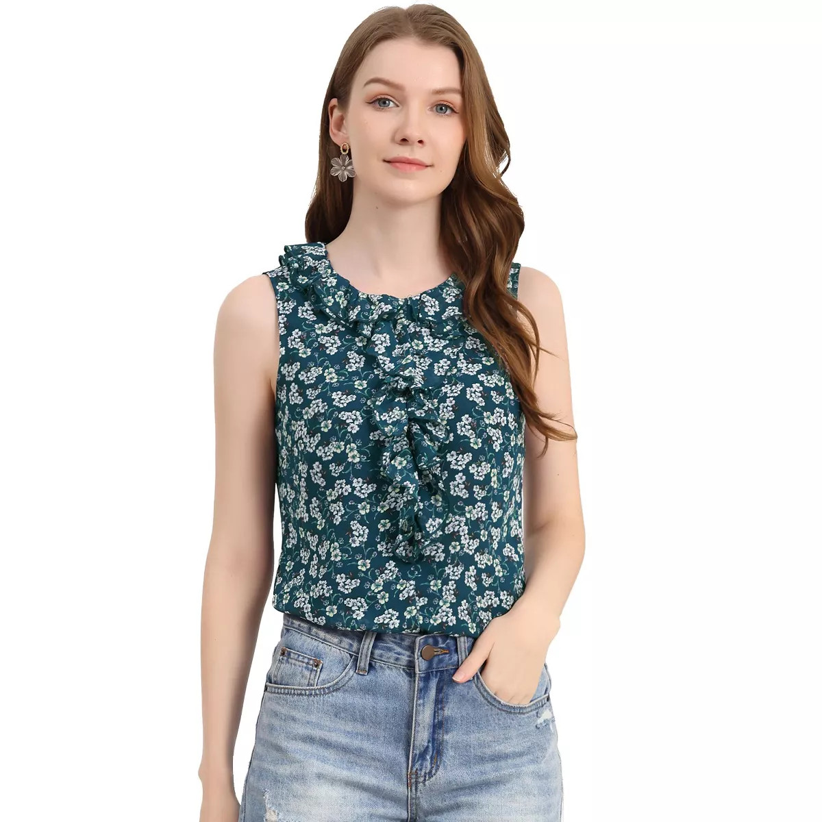 Allegra K Women's Ruffle Sleeveless Chiffon Floral Top Blue Large | Target