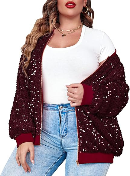 IN'VOLAND Womens Sequin Jacket Plus Size Sparkle Long Sleeve Jackets Front Zip Loose Casual Blazer B | Amazon (US)