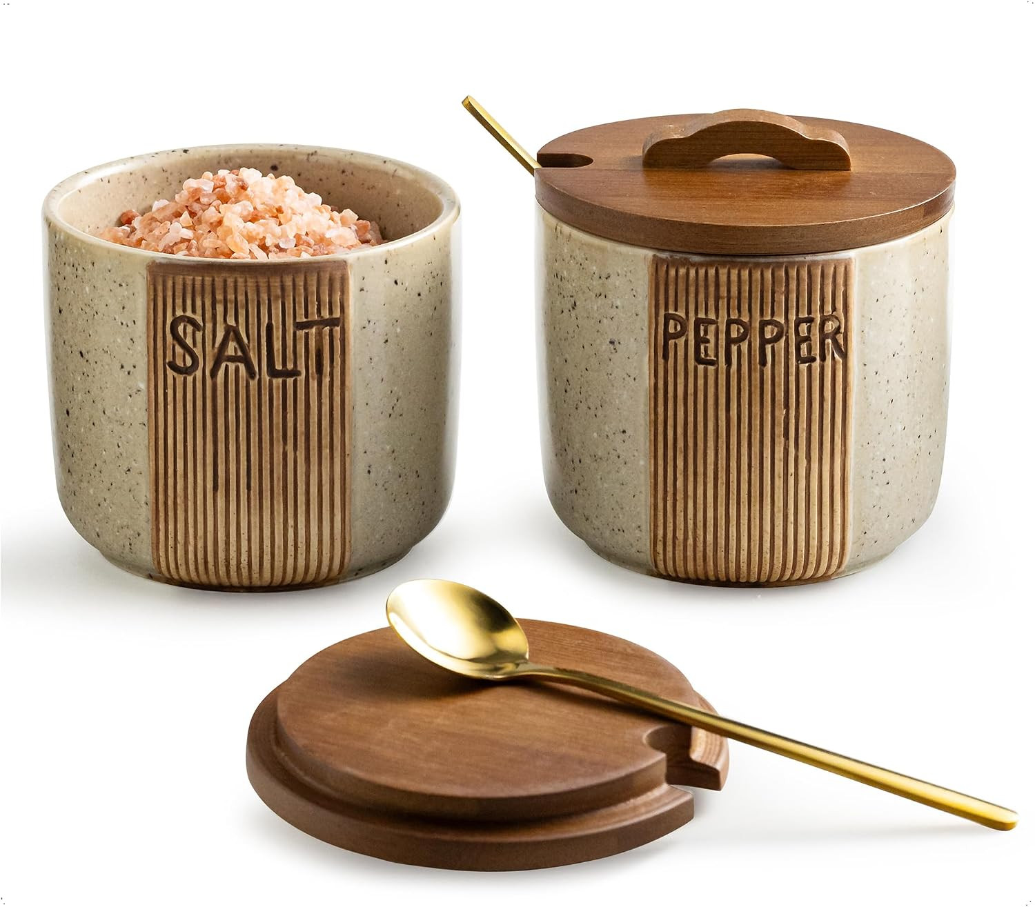 Ceramic Salt and Pepper Bowls, Salt Cellar with Lid and Spoons | Amazon (US)