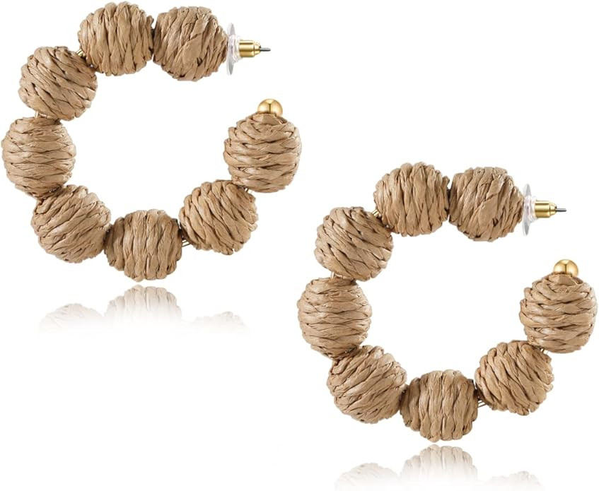 Colorful Statement Raffia Hoop Dangle Earrings for Women - Fun Summer Rattan Beach Vacation Jewel... | Amazon (US)