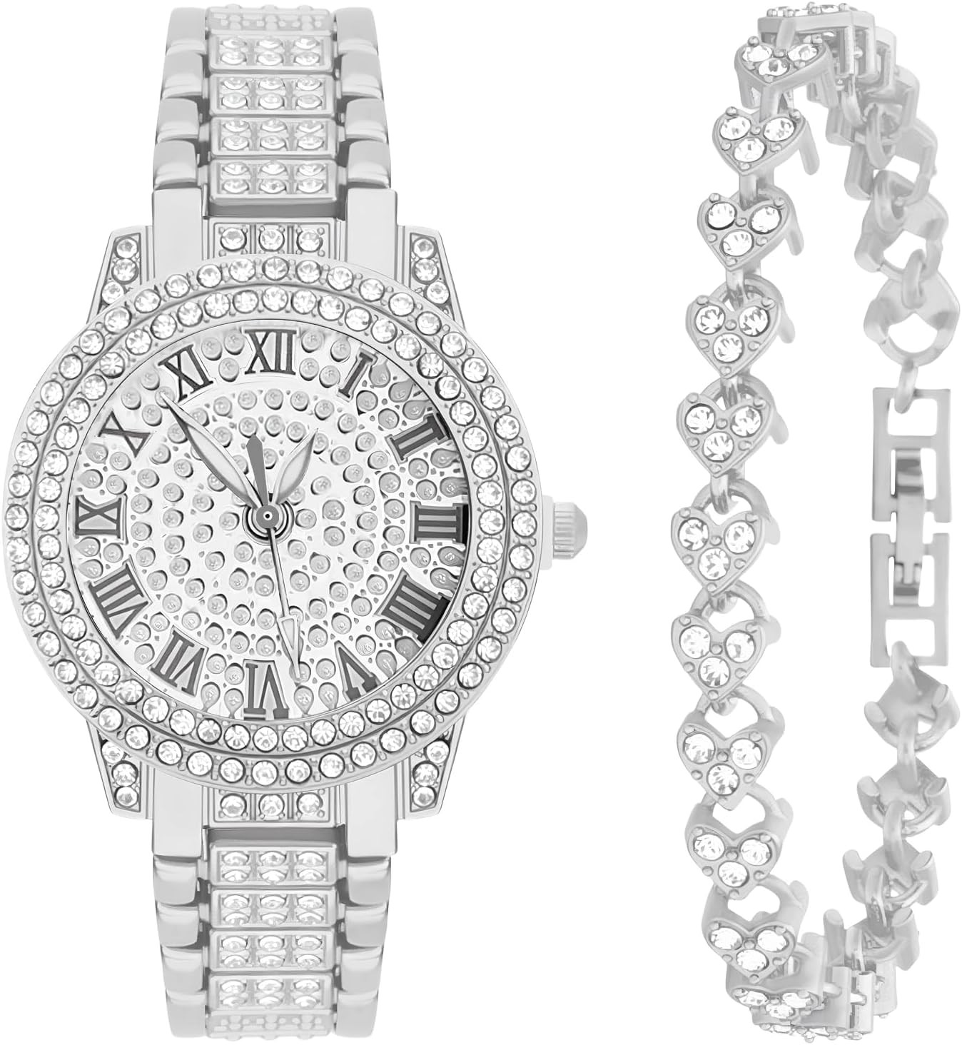 NEWITIN 2 Pieces Women Diamond Watch Bracelet Set Luxury Fashion Jewelry Cubic Zirconia Wristwatch Bracelet Gold Watch Jewelry Set for Women | Amazon (US)