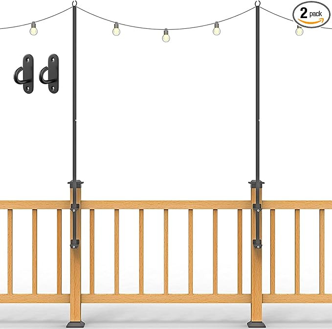 2 Pack String Light Poles - Stainless Steel 6.5FT Deck Lights Poles with 2 Wall Hooks for Outdoor... | Amazon (US)