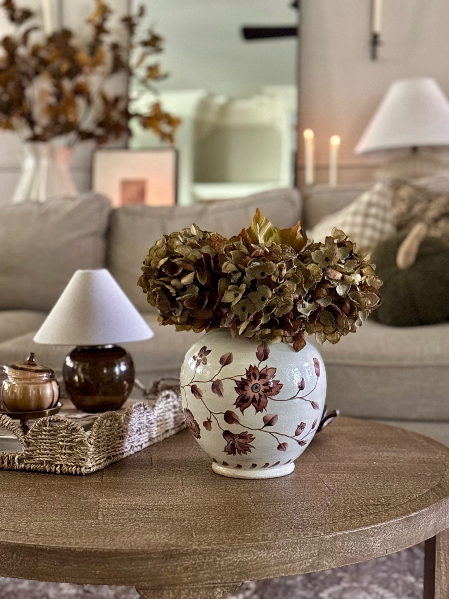 One of my fav vase + stem combos this season!  Love these faux dried hydrangeas and this beautiful hand painted autumn vine vase!  This is the small size.

#LTKHome #LTKSeasonal