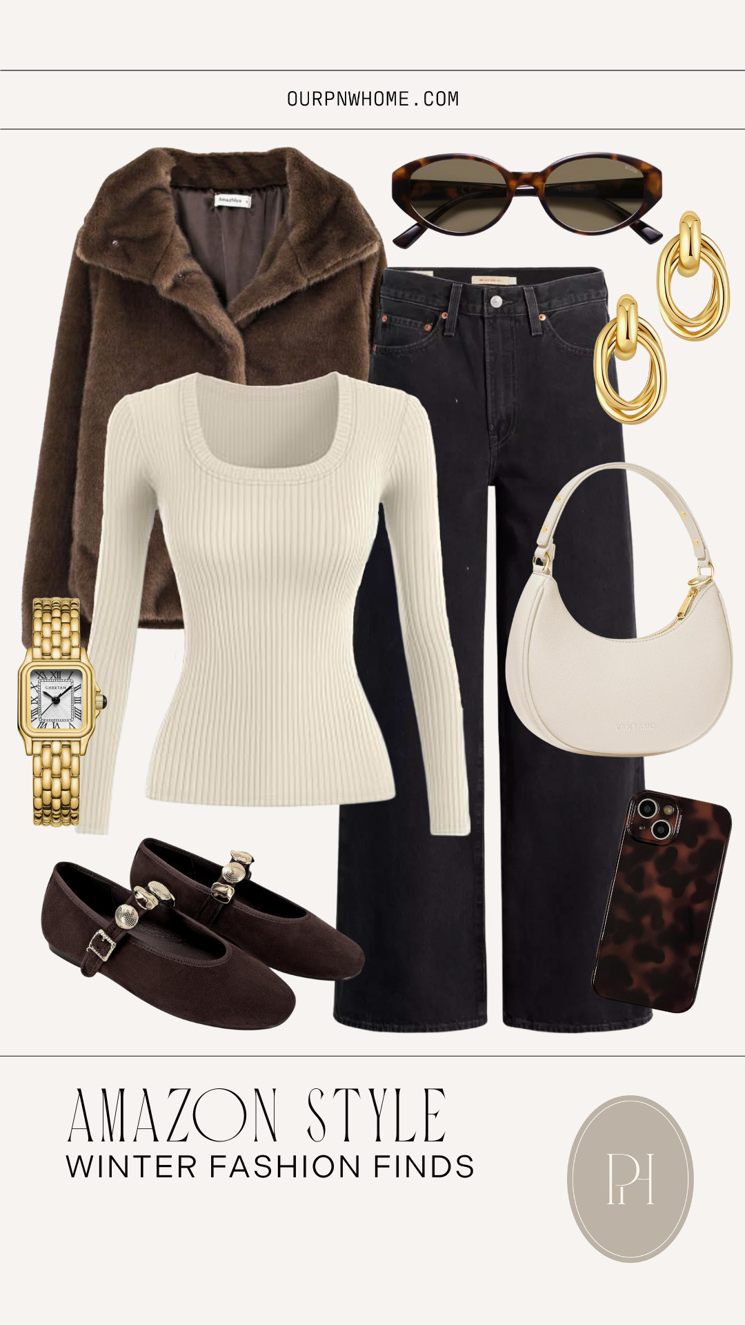 Winter fashion finds from Amazon!

Neutral fashion, winter outfit, winter looks, winter style, black denim, black jeans, wide leg jeans, brown jacket, faux fur coat, winter chic, white long sleeve top, long sleeve shirt, white handbag, white purse, gold earrings, gold watch, wristwatch, oval sunglasses, phone case, brown flats, suede flats, brown shoes, neutral look 

 #LTKootd #LTKSeasonal #LTKFindsUnder100