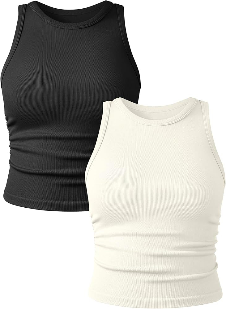 Women's 2 Pieces Basic Seamless Tank Tops Sleeveless Crew Neck Workout Exercise Crop Camis | Amazon (US)