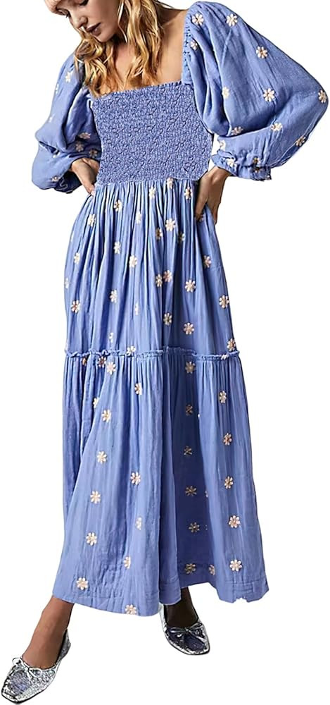 Womens Puff Sleeve Dress Cottagecore Floral Print Flowy Square Neck Maxi Dresses Smocked Tiered Ruff | Amazon (US)