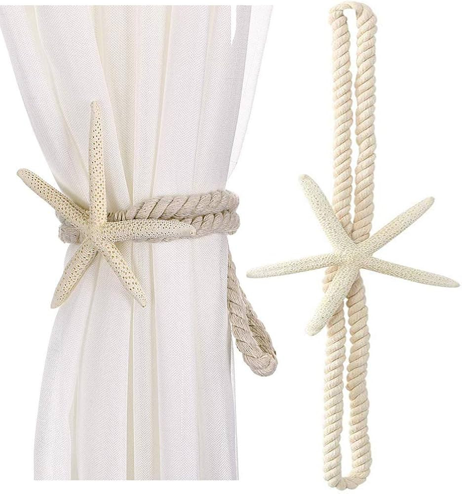 2 Pcs Natural Starfish Curtain Tiebacks, Handmade Woven Rope Curtain Curtain Ties Blinds Accessor... | Amazon (US)