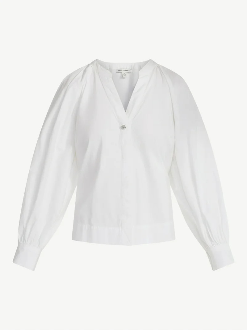 Free Assembly Women's and Women's Plus Cotton Pleat Neck Shirt with Long Sleeves, Sizes XS-4X | Walmart (US)