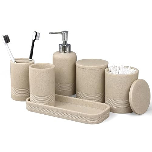 LIN CHUAN 6-Piece Bathroom Accessories Set, Bathroom Accessory Set with Soap Dispenser, Toothbrush Holder Set, Vanity Tray, Tumbler & 2 Cotton Swab Jars, Modern Stylish Bathroom Organizer(Beige) | Amazon (US)
