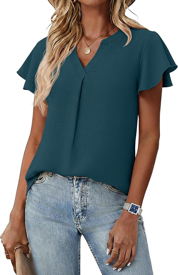 Womens Spring Tops Summer Dressy Casual Cute V Neck Ruffle Sleeve Blouses Flowy Shirts | Amazon (US)
