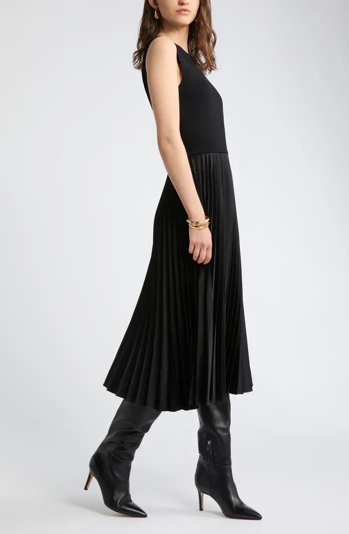 Pleated Mixed Media Midi Dress | Nordstrom