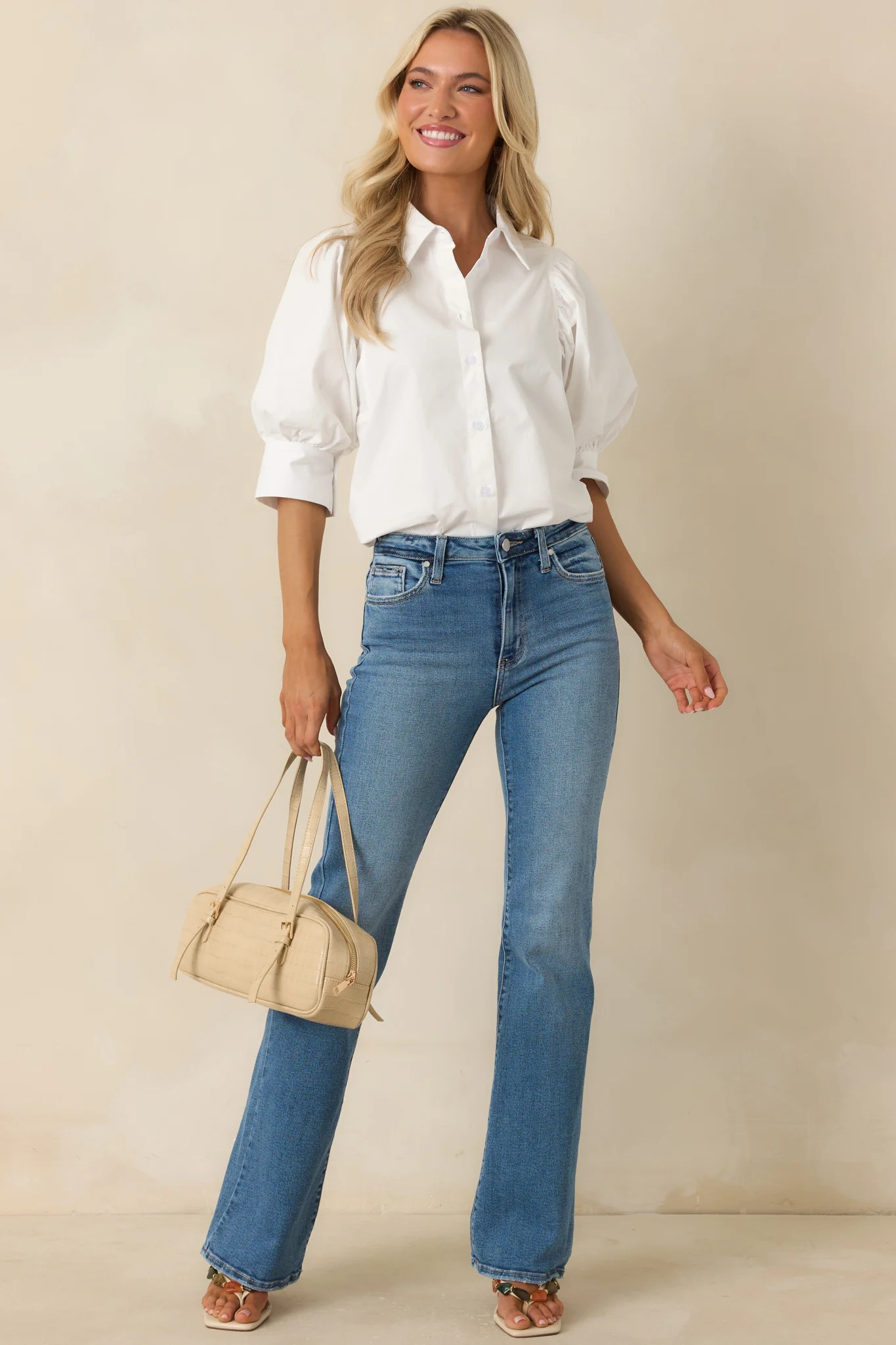 Not Your Basic White Cotton Puff Sleeve Button-Up Top | Red Dress