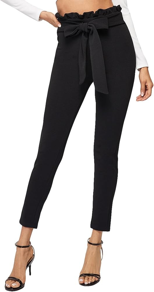 Floerns Women's High Waist Paper Bag Work Pants Stretchy Trouser with Belt | Amazon (US)