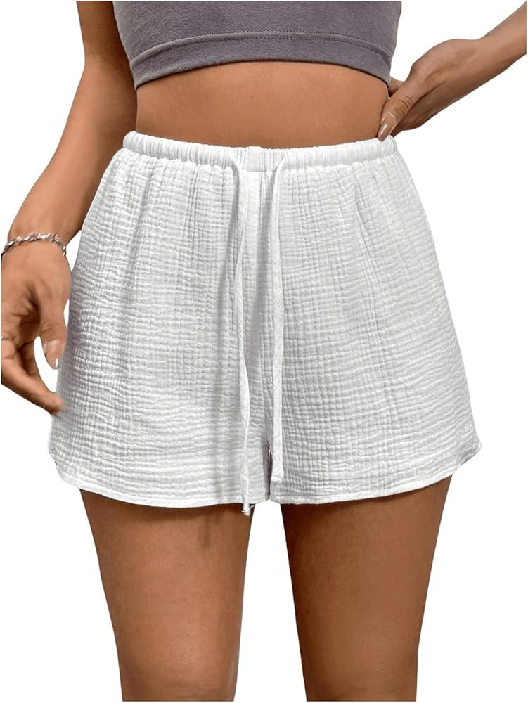 Women's Elastic High Waisted Track Shorts Casual Wide Leg Textured Drawstring Mini Shorts | Amazon (US)