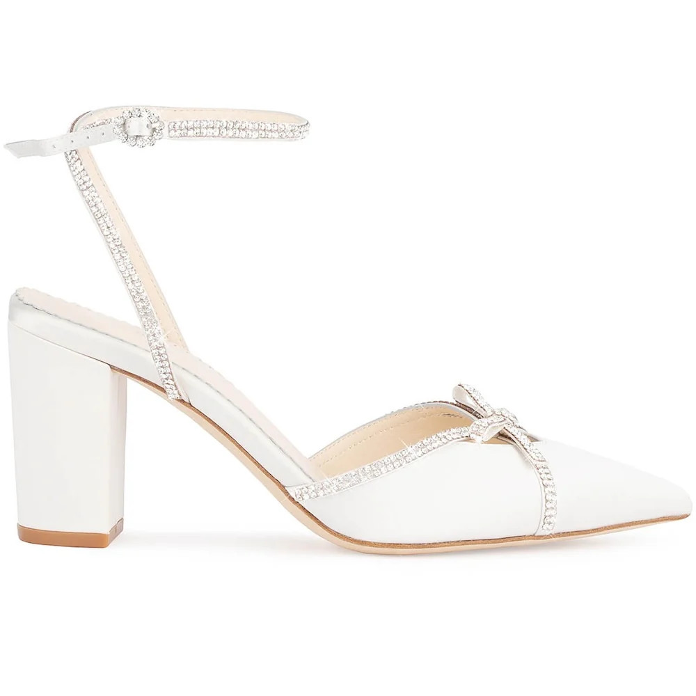Ivory Bridal Block Heels with Crystal Bows, Trim and Straps | Bella Belle Shoes
