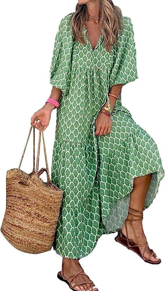 Women's Summer Casual Maxi Dress Bohemian Floral V Neck Puff Short Sleeve Beach Tiered Sundress Long | Amazon (US)