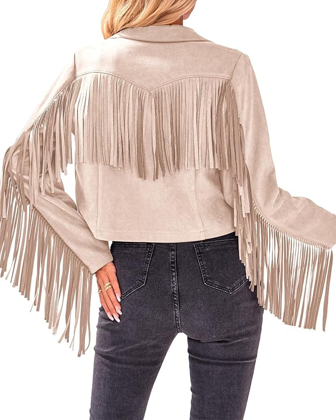 BTFBM Women Fashion Cropped Tassel Fringe Faux Suede Leather Jacket Fall Winter Long Sleeve Lapel... | Amazon (US)